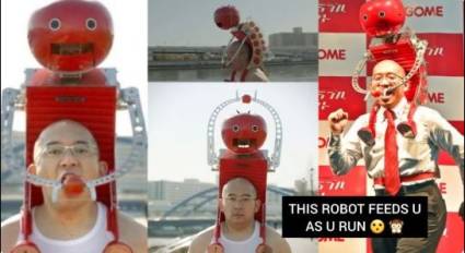 Japón presenta a un robot cabezón que te alimenta con tomates mientras corres